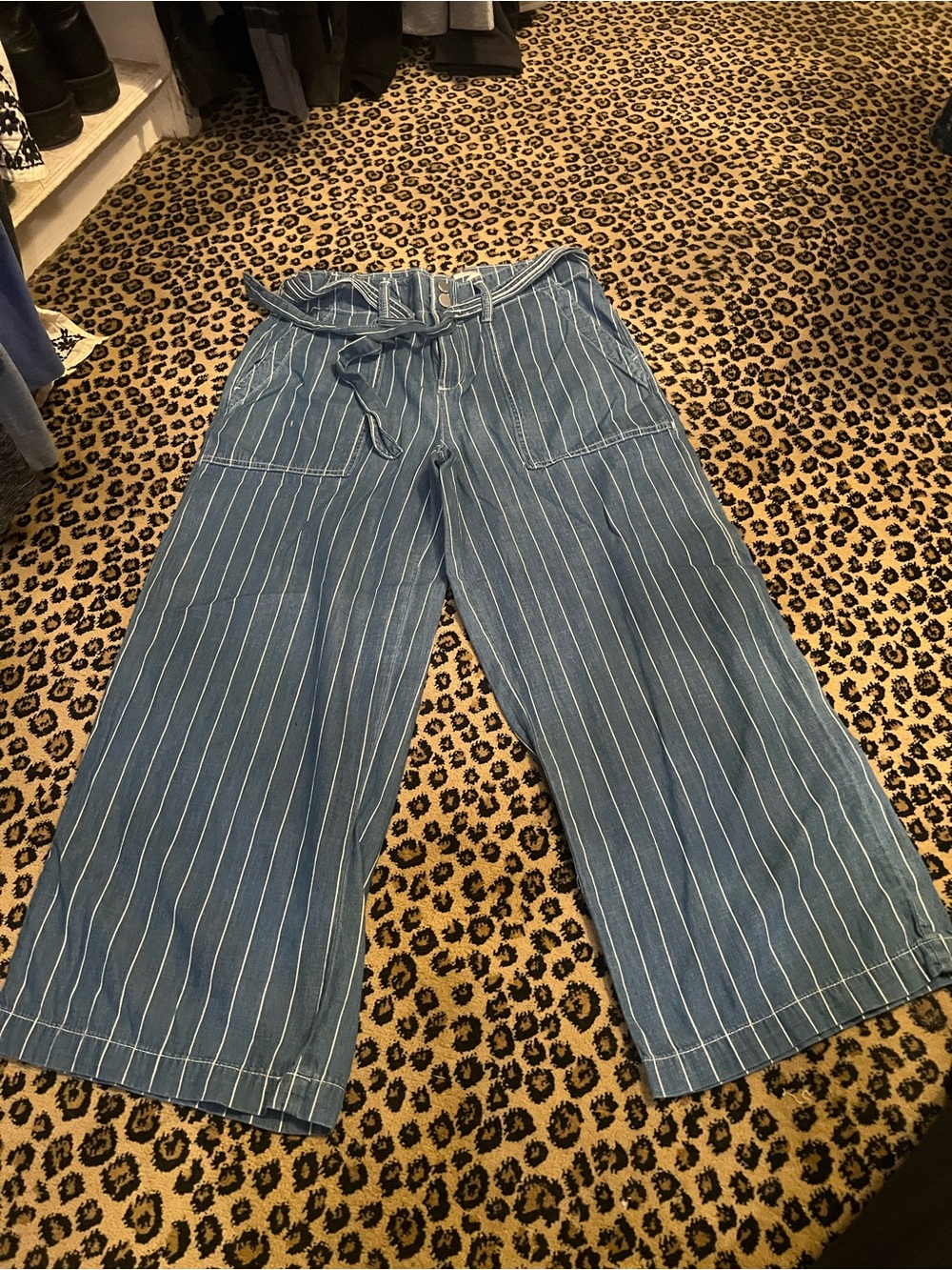 Seven7 Light Blue Pinstripe Wide-Leg Pants with Tie Waist